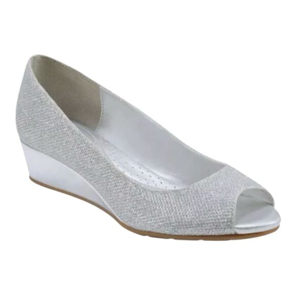 Bandolino Shoes - Bandolino Womens Candra Peep Toe Silver Metallic Wedge Dressy Pump Size 7.5